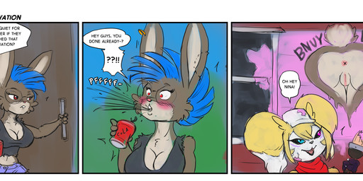 anthro anus beverage big_breasts biped bite_mark black_clothing black_sclera black_shirt black_topwear blue_eyes blue_hair blush blush_lines bottomwear breasts brown_body brush cleavage clothed clothing countershade_face countershade_tail countershade_torso countershading crop_top denim denim_bottomwear denim_clothing denim_shorts dialogue dipstick_ears ear_markings ear_piercing ear_ring eyewear female genitals glasses hair hat headgear headwear holding_beverage holding_brush holding_object holding_paintbrush humor markings midriff mohawk multicolored_ears paint paintbrush piercing pink_nose ring_piercing round_glasses scut_tail shirt short_tail shorts solo speech_bubble spit-take tail tank_top text thought_bubble topwear vulva wearing_glasses white_body white_countershading white_markings yellow_body s-nina bandai_namco digimon ninabun_(s-nina) renimpmon digimon_(species) hybrid impmon lagomorph leporid mammal rabbit renamon 2025 comic english_text hi_res