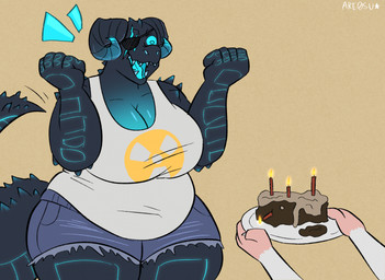 ambiguous_gender anthro belly big_belly big_breasts birthday_cake blue_eyes blue_tongue bottomwear breasts cake cleavage clothed clothed_female clothing curved_horn curvy_figure daisy_dukes denim denim_bottomwear denim_clothing denim_shorts dessert disembodied_hand duo female food fully_clothed fully_clothed_female holding_object holding_plate horn hotpants huge_breasts overweight overweight_anthro overweight_female plate sharp_teeth shorts tail teeth thick_tail thick_thighs tongue are0su fallout microsoft mirva_(beatleboy62) sockrat_(wheresmysocks) deathclaw mammal murid murine rat rodent scalie hi_res male_(lore)