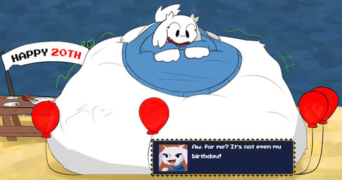 abdominal_bulge balloon belly big_belly bloated blue_clothing blue_sweater blue_topwear clothed clothing female female_pred fur immobile inflatable lying on_front overweight pantsless pantsless_anthro rumbling_stomach scar size_difference sloshing_belly smaller_pred solo struggling struggling_prey sweater topwear vore white_body white_fur x_scar meosporin cave_story sue_sakamoto lagomorph mammal mimiga hi_res