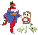 anthro asian_clothing big_breasts big_ears blue_eyes bottomwear breasts claws clothing collar duo east_asian_clothing female green_eyes hat headgear headwear horn japanese_clothing kimono red_body shirt shorts simple_background size_difference tail toe_claws topwear white_background white_body urusee584 bandai_namco digimon digimon_(species) terriermon tyrannomon absurd_res hi_res