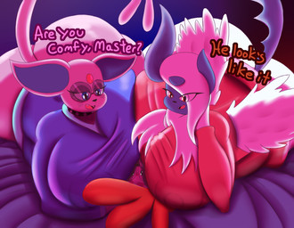anthro bdsm bed belly big_breasts big_butt blue_eyes breast_smother breasts butt clothing dialogue eyebrows eyewear female forehead_gem forked_tail furniture gem glasses group hair huge_breasts huge_butt male master nipple_outline nipples obese orange_eyes orange_hair overweight overweight_female petplay roleplay small_head smile smothering tail text unusual_anatomy unusual_tail wide_hips wings chowdie nintendo pokemon brambles_(chowdie) eeveelution espeon felid generation_2_pokemon generation_4_pokemon generation_6_pokemon legendary_pokemon mammal mega_absol mega_evolution pokemon_(species) shaymin sky_forme_shaymin english_text
