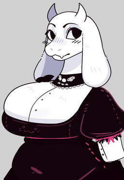 2_horns anthro big_breasts black_clothing black_dress breasts button_(fastener) clothed clothed_anthro clothed_female clothing curvy_figure dress eyebrows female female_anthro floppy_ears front_view fur grey_background head_horn horn lop_ears mature_anthro mature_female mouth_closed simple_background solo topwear white_body white_clothing white_ears white_fur white_horn white_topwear qwerty_soda undertale_(series) toriel boss_monster_(undertale) bovid caprine goat mammal 2026 absurd_res digital_drawing_(artwork) digital_media_(artwork) half-length_portrait hi_res portrait