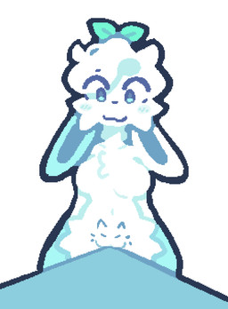 :3 female furniture genitals solo standing table vulva mikel2m pussy-cat_(meme) lagomorph leporid mammal rabbit blue_and_white hi_res monochrome