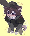 anthro blush blush_lines braces clothing disembodied_hand duo emanata enjoying eyes_closed foreshortening headpat high-angle_view hoodie kneeling male solo_focus tail tail_motion tailwag topwear catzino domestic_cat felid feline felis mammal hi_res