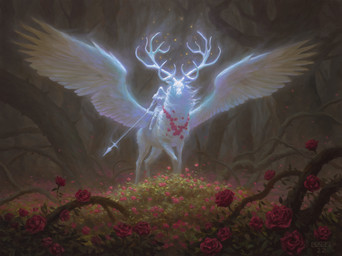 ambiguous_gender antlers duo feathered_wings feathers flower forest fur glowing glowing_body holding_melee_weapon holding_object holding_polearm holding_spear holding_weapon horn looking_at_viewer melee_weapon plant polearm riding rose_(flower) spear standing tree weapon wings chris_rahn hasbro magic:_the_gathering wizards_of_the_coast archon_(magic:_the_gathering) deer human mammal 2022 hi_res official_art traditional_media_(artwork)