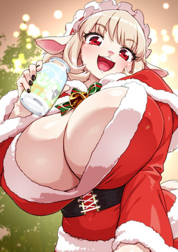 anthro big_breasts blush bottle breasts christmas_clothing cleavage clothed clothing container female fur holding_bottle holding_container holding_object holidays horizontal_pupils huge_breasts open_mouth pupils red_eyes white_body white_fur senzoc christmas bovid caprine goat mammal
