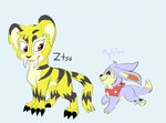 ambiguous_gender duo fangs feral fur purple_body purple_fur sabertooth_(anatomy) smile teeth yellow_body yellow_fur bloowolfy neopets mylilove ztsu_(bloowolfy) baby_neopet canid canine felid feline kougra lupe_(neopets) mammal neopet_(species) tyrannian_neopet 2022 hi_res