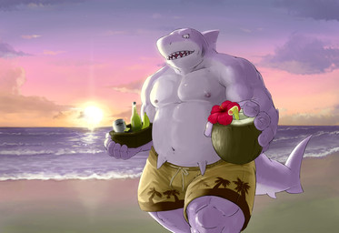 anthro beach belly bendy_straw big_belly bottomwear clothing cloud coconut drinking_straw drupe_(fruit) food fruit humanoid_hands kemono looking_at_viewer male moobs musclegut muscular muscular_anthro muscular_male muscular_thighs navel nipples non-mammal_nipples overweight overweight_male plant seaside shorts solo sun sunset water hodol aquatic fish shark 2014