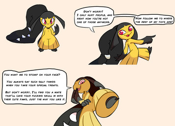 2_toes black_body dialogue feet female feral foot_focus gesture hand_gesture looking_at_viewer looking_down multicolored_body pointing profanity raised_hand red_eyes soles solo talking_to_viewer text threatening toes two_tone_body walking yellow_body not_a_furfag nintendo pokemon matchmaker_mawile generation_3_pokemon mawile pokemon_(species) english_text hi_res