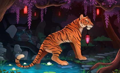 ambiguous_gender detailed_background feral fur grass lamp lantern no_sclera orange_body orange_eyes orange_fur partially_submerged paws plant rock solo standing striped_body striped_fur stripes tree water yakovlev-vad felid mammal pantherine tiger 2018 digital_media_(artwork) hi_res