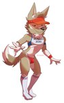 clothing femboy g-string g-string_pull hat headgear headwear long_socks looking_at_viewer male mascot presenting smile smiling_at_viewer solo sportswear underwear visor_cap zendir fifa zabivaka canid canine canis mammal wolf hi_res