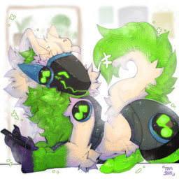 animal_genitalia animal_penis anthro blush bodily_fluids canine_genitalia canine_penis claws clothing fur genital_fluids genitals green_body green_eyes green_fur green_penis hair knot legwear lying machine male masturbation mechanical_leg neck_tuft nude penile penile_masturbation penis smile solo stockings tail tuft visor_eyes white_body white_hair kattushka protogen 1:1 absurd_res hi_res