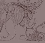 ambiguous_gender balls butt duo fan_character feral generation_4_pokemon genitals kuroodod kuroodod_(character) larger_male looking_up luxray male male/ambiguous monochrome nintendo pokemon pokemon_(species) shinx simple_background size_difference tail