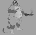 anthro belly bulge clothing cooking hat headgear headwear humanoid_hands male mature_male navel overweight overweight_male solo underwear horrorbuns cliff_(horrorbuns) mammal procyonid raccoon 2022 monochrome