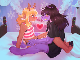4_fingers 4_toes angel_figurine anthro antlers arm_support arm_tuft athletic athletic_female bandeau bare_shoulders bed bedroom biped black_bandeau black_clothing black_panties black_shirt black_t-shirt black_topwear black_underwear blonde_hair blush blush_lines breasts brown_body brown_fur brown_hair buckteeth christmas_decorations christmas_lights claws cleavage clock clothed clothing cloven_hooves countershade_tail countershading duo elbow_tuft eye_contact eye_through_hair eyebrow_through_hair eyebrows eyelashes face_to_face feet female female/female figurine finger_claws fingers fur furniture glistening glistening_body glistening_eyes glistening_hair grin hair happy heart_symbol hip_grab hooves horn inner_ear_fluff inside leg_wrap legs_around_partner long_hair looking_at_another looking_at_partner midriff navel on_bed panties pattern_clothing pattern_shirt pattern_tank_top pattern_topwear pillow purple_body purple_eyes red_nose scut_tail sharp_teeth shelf shirt short_tail shoulder_tuft side_mouth side_view sitting sitting_on_bed small_breasts smile snowflake snowflake_decoration striped_clothing striped_shirt striped_tank_top striped_topwear stripes t-shirt tail tank_top teeth text tinsel toe_claws toes topwear translucent translucent_hair tuft underwear white_inner_ear_fluff yellow_eyes yellow_sclera yellow_teeth haisevaa deltarune undertale_(series) noelle_holiday susie_(deltarune) deer mammal new_world_deer reindeer scalie artist_name digital_media_(artwork) hi_res unavailable_at_source