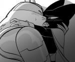 anthro black_body black_fur blush bodily_fluids duo eyes_closed french_kissing fur hug kissing looking_at_another male male/male saliva saliva_on_tongue saliva_string sweat tongue tongue_out junkmixart cartoon_network mao_mao:_heroes_of_pure_heart badgerclops sheriff_mao_mao_mao badger domestic_cat felid feline felis mammal mustelid musteline 2019 monochrome