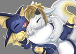 ambiguous_gender belly duo eyes_closed feral fish_hook frill_(anatomy) hair hook horn hug pawpads paws slightly_chubby smile tail revous mythology nintendo pokemon dragon eeveelution generation_1_pokemon mythological_creature mythological_scalie pokemon_(species) scalie vaporeon