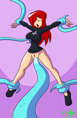 bound clitoris cross eyes_closed female genitals hair long_hair not_furry penetration questionable_consent red_hair restrained sex solo suspension tentacle_sex tentacles tongue tongue_out vaginal vaginal_penetration vulva gunshad skullgirls parasoul human mammal