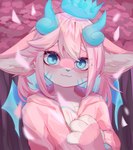 anthro blue_eyes blush cherry_blossom cherry_blossom_tree cherry_tree chest_tuft clothing comfortable crown ears_down eyelashes eyelashes_through_hair femboy flower fluffy fluffy_ears front_view fruit_tree fur hair happy headgear heart_symbol horn kemono looking_at_viewer magic male midriff navel petals pink_body pink_clothing pink_fur pink_hair pink_sweater pink_topwear pivoted_ears plant prunus_(flower) smile solo standing striped_body striped_fur stripes sweater topwear translucent translucent_hair tree tuft wings zorobagel lust_(yamikadesu) domestic_cat felid feline felis hybrid lagomorph leporid mammal rabbit absurd_res digital_media_(artwork) digital_painting_(artwork) hi_res icon pastel_theme pink_theme