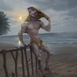 anthro beach bulge clothing cloud cloudy_sky detailed_background fence fur male pink_nose raining sand sky slightly_muscular solo speedo spots swimwear towel wet wet_body wet_fur fuzzle_(artist) vaille canid canine canis domestic_dog mammal 1:1 absurd_res hi_res