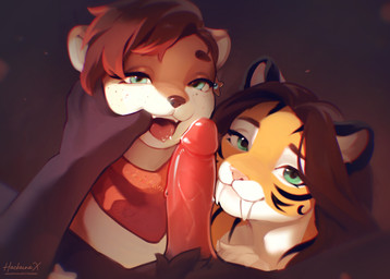 anthro black_body black_fur bodily_fluids brown_body brown_fur brown_hair circle_eyebrows countershading ear_piercing eyebrows facial_markings facial_piercing fangs female ffm_threesome finger_in_mouth freckled_face freckles fur genitals green_eyes group hair head_markings highlights_(coloring) lip_piercing long_hair male markings multicolored_body multicolored_fur multicolored_hair neck_tuft oral orange_body orange_fur penis piercing red_highlights sabertooth_(anatomy) saliva saliva_on_penis saliva_string short_hair star_pattern striped_body striped_face striped_fur striped_markings stripes teeth thumb_in_mouth tongue trio tuft white_body white_fur hackainax alex_marx riley_delmare sil_blackmon domestic_cat felid feline felis mammal mustelid otter pantherine river_otter tiger hi_res