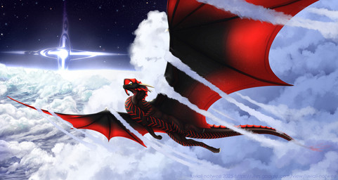 2_horns 4_fingers 4_toes ambiguous_gender back_wings black_body black_scales claws cloud detailed_background ear_frill feet feral finger_claws fingers flying frill_(anatomy) head_crest head_frill horn markings membrane_(anatomy) membranous_wings red_markings scales solo spread_wings star tail tail_frill tapering_tail toe_claws toes ventral_scales wing_claws wings yellow_sclera luviali_notwee european_mythology mythology crimson_(ironnidheg) dragon mythological_creature mythological_scalie scalie western_dragon 2025 hi_res shaded male_(lore)