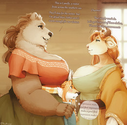 anthro between_breasts blush braided_hair breasts clothing dialogue dress female group hair horn inside male overweight size_difference teeth thought_bubble trio window noviraine nora_(tasanko) bear bovid bovine brown_bear canid canine fox mammal red_fox true_fox ursine 2026