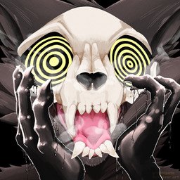anthro bone bone_mask breath hypnotic_eyes latex liquid_latex male mask mouth_shot open_mouth skull skull_head skull_mask smoke solo teeth tongue tongue_out graphigato graphi_(graphigato) domestic_cat felid feline felis mammal skullcat_(species) 1:1