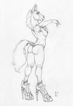 ankle_strap_heels anthro breasts butt clothed clothing female footwear high_heeled_sandals high_heels hoof_heels hooves horizontal_pupils mane mostly_nude nipples panties pupils sandals shoes skimpy solo tail tail_wraps topless underwear unusual_heels wraps ecmajor equid equine horse mammal 2020 greyscale hi_res monochrome sketch traditional_media_(artwork)