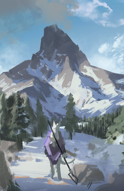 ambiguous_gender anthro clothed clothing faceless_ambiguous faceless_anthro faceless_character hair holding_object holding_staff long_hair mountain obscured_eyes outside plant purple_clothing purple_topwear rear_view rock snow solo staff standing topwear tree unsigned white_hair awaldkize canid mammal full-length_portrait hi_res portrait
