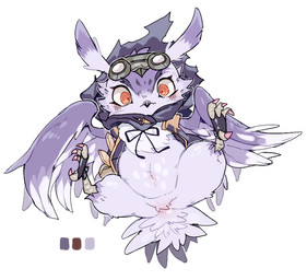 ambiguous_anthro ambiguous_gender anthro avian_feet beak biped blush blush_lines claws cloak clothed clothed_ambiguous clothed_anthro clothing eyewear eyewear_on_head feathered_wings feathers goggles goggles_on_head head_feathers high-angle_view monotone_body monotone_feathers navel orange_eyes pink_claws plantigrade purple_body purple_feathers simple_background slightly_chubby slightly_chubby_ambiguous slightly_chubby_anthro solo tail tail_feathers white_background winged_arms wings ookm duel_masters yatto_paulu avian bird owl 2024 digital_drawing_(artwork) digital_media_(artwork) flat_colors