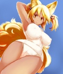 accessory big_breasts blonde_hair bottomwear breasts brown_eyes camel_toe clothed clothing female fox_tail hair hair_accessory hair_bobbles looking_at_viewer low-angle_view multi_tail navel nipple_outline one-piece_swimsuit pigtails raised_arm school_swimsuit short_twintails skirt smile solo swimwear tail tan_body tan_skin tongue tongue_out under_boob upskirt wet worm's-eye_view yellow_eyes dearmybrothers touhou ran_yakumo animal_humanoid canid canid_humanoid canine canine_humanoid fox fox_humanoid humanoid hybrid mammal mammal_humanoid hi_res