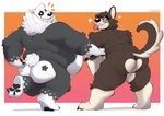 anthro back_rolls balls belly big_butt border butt countershade_butt countershading duo genitals leaning leaning_forward looking_at_viewer looking_back looking_back_at_viewer male markings neck_tuft on_one_leg overweight overweight_male pawpads pose presenting presenting_hindquarters raised_foot rear_view side_by_side snaggle_tooth standing star_(marking) tongue tongue_out tuft white_border wide_stance borkbawbaw baw_(borkbawbaw) pubbles bear border_collie canid canine canis collie domestic_dog giant_panda herding_dog mammal pastoral_dog sheepdog absurd_res full-length_portrait hi_res portrait