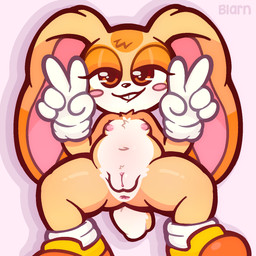 anthro anus belly blush breasts brown_eyes buckteeth butt chest_tuft clothing crouching female footwear footwear_only fur genitals gesture glistening gloves gloves_only hand_gesture handwear handwear_only long_ears mostly_nude multicolored_body multicolored_fur narrowed_eyes navel nipples nude nude_female presenting rabbit_ears shoes shoes_only simple_background small_breasts smile smiling_at_viewer solo squatting_pose tail tan_body tan_fur teeth thick_thighs toony tuft two_tone_body two_tone_fur v_sign vulva white_body white_fur wide_hips young young_anthro young_female arnkleblarn sega sonic_the_hedgehog_(series) cream_the_rabbit lagomorph leporid mammal rabbit 1:1 hi_res