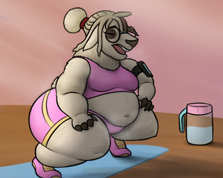 anthro belly bottle breath clothing container exercise eyes_closed eyewear female glasses hair navel open_mouth overweight overweight_anthro overweight_female pink_clothing ponytail solo tail thick_thighs water_bottle wide_hips workout workout_clothing yoga yoga_mat coccui oystercatcher7 goat_(movie) sony_corporation sony_pictures carol_(goat) camelid llama mammal artist_collaboration digital_media_(artwork) hi_res