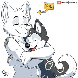 age_difference anthro black_nose cheek_tuft closed_smile duo eyes_closed facial_tuft fangs fur grey_body grey_fur grey_tail happy hug logo male male_anthro mouth_closed nude open_mouth open_smile patreon_logo red_tongue simple_background smile tail teeth tongue tuft white_background white_body white_fur white_tail young young_anthro young_male pandapaco patreon canid canine mammal 1:1 artist_logo signature