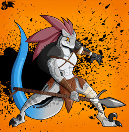 anthro armor blue_tail grey_body male melee_weapon polearm pose solo spear tail weapon yellow_eyes phunter15 dungeons_and_dragons hasbro wizards_of_the_coast yu'hiss lizard lizardfolk_(dnd) lizardman reptile scalie absurd_res hi_res