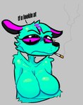 angry annoyed anthro big_breasts blue_body breasts cigarette cigarette_in_mouth cigarette_smoke eyelashes female grey_background nurse_snare object_in_mouth pink_eyes simple_background smoke solo spots text kanyewestbearrealye sparklecare deer mammal digital_drawing_(artwork) digital_media_(artwork) hi_res