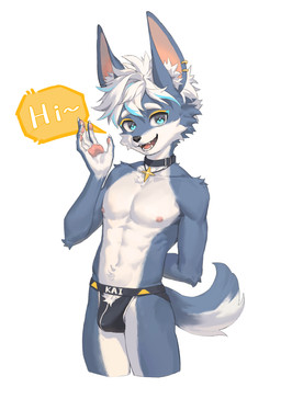 5_fingers anthro athletic athletic_anthro athletic_male black_clothing black_jockstrap black_nose black_underwear blue_eyes blue_highlights blue_markings bulge cheek_tuft chest_tuft claws clothed clothing collar cross_eyes cute_fangs ear_piercing ear_ring eyebrows facial_tuft fangs finger_claws fingers fur fur_markings gesture greeting greeting_viewer grey_body grey_ears grey_fur grey_sclera grey_tail hair hand_behind_back highlights_(coloring) inner_ear_fluff jockstrap jockstrap_only looking_at_viewer male markings navel nipples open_mouth pawpads piercing pink_inner_ear pink_pawpads ring_piercing simple_background smile smiling_at_viewer solo speech_bubble standing star star_necklace tail teeth text tongue topless topless_anthro topless_male tuft underwear underwear_only waving waving_at_viewer white_background white_body white_eyebrows white_fur white_hair white_inner_ear_fluff white_tail yellow_markings ka1zy301 canid canine canis mammal wolf absurd_res english_text hi_res portrait three-quarter_portrait