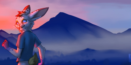 anthro blue_eyes buckteeth clothed clothing day detailed_background eyebrows fluffy fluffy_tail fur hair long_ears male mountain neck_tuft outside shirt smile solo spots sunset t-shirt tail teeth topwear tuft whiskers kero_tzuki lagomorph leporid mammal rabbit 2016 hi_res