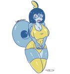 alternate_species big_breasts blue_body blue_eyes blue_hair breast_squish breasts cleavage clothed clothing eyewear female glasses hair huge_breasts humanoidized long_hair one-piece_swimsuit open_mouth pokemorph shy simple_background solo squish swimwear yellow_clothing yellow_swimwear that-girl-whodraws nintendo pokemon animal_humanoid generation_8_pokemon humanoid pokemon_(species) scalie scalie_humanoid sobble 2019 hi_res