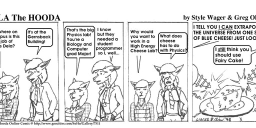 anthro book breasts cheese clothed clothed_female clothing dairy_products dialogue duo female food offscreen_character text style_wager dela_the_hooda dela_aldershaw nylaena canid canine domestic_cat felid feline felis fox hooda mammal 1998 black_and_white comic english_text monochrome
