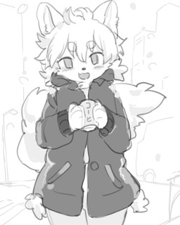 anthro bottomless bottomless_anthro bottomless_male canned_drink clothed clothing fluffy fluffy_tail kemono looking_at_viewer male pantsless pantsless_anthro pantsless_male pointy_ears solo tail winter_coat young young_anthro young_male dr.kiyo ambiguous_species canid canine mammal hi_res monochrome sketch
