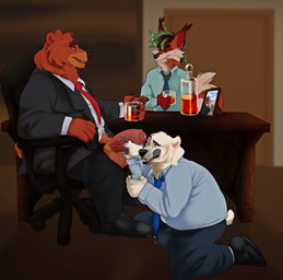 alcohol anthro balls beverage chair clothed clothing container cum_through_pants cup drinking_glass erection foreskin furniture genitals glass glass_container glass_cup group hand_on_penis humanoid_genitalia humanoid_penis inside kneeling licking licking_lips male male/male necktie office_chair office_desk one_eye_closed partially_clothed partially_clothed_anthro partially_clothed_male penis sex sitting stealth_sex suit tail tongue tongue_out trio under_table whiskey whiskey_glass likanen orson bear canid canine fox mammal polar_bear ursine 2022 hi_res