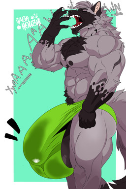 anthro big_bulge bulge huge_bulge male mostly_nude muscular muscular_anthro muscular_male solo yawning_position jack_houshi toddevski canid canine fox mammal red_fox silver_fox true_fox absurd_res hi_res