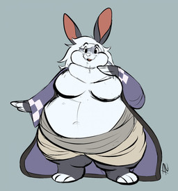 anthro belly biped black_body black_fur chubby_cheeks clothed clothing feet fingerless_(marking) fur gesture grey_body grey_fur hair hand_gesture male moobs navel obese obese_anthro obese_male open_clothing open_mouth open_robe open_smile overweight overweight_anthro overweight_male robe smile solo standing thick_thighs toeless_(marking) white_body white_fur white_hair wide_hips pastelcore lagomorph leporid mammal rabbit hi_res