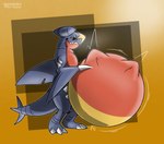 abdominal_bulge ambiguous_gender belly big_belly claws feral grey_body hand_on_belly solo spikes vore suindevthegatr nintendo pokemon garchomp generation_4_pokemon pokemon_(species) hi_res