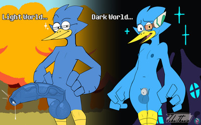 anthro balls beak big_balls big_penis blue_body blue_feathers blue_nipples bodily_fluids chastity_cage chastity_device erection eyewear feathers flat_chastity_cage foreskin genital_fluids genitals glasses hand_on_hip hand_on_own_hip huge_balls huge_penis humanoid_genitalia humanoid_hands humanoid_penis hyper hyper_balls hyper_genitalia hyper_penis leaking_precum looking_at_viewer male metal_chastity_cage nipples nude_anthro nude_male open_beak open_mouth outdoor_nudity penis pink_tongue precum round_glasses smug_face smug_grin solo text tongue vein veiny_penis wearing_chastity_cage wearing_chastity_device wearing_glasses yellow_beak johnithanial deltarune undertale_(series) berdly avian 2026 digital_drawing_(artwork) digital_media_(artwork) english_description english_text hi_res