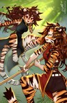 anthro brown_eyes brown_hair clothed clothing dipstick_tail duo female fur hair markings open_mouth orange_body orange_fur outside red_eyes sai staff striped_body striped_fur stripes tail tail_markings dragonfu felid mammal pantherine tiger 2024 hi_res