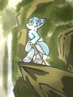 anthro arm_tuft blue_body blue_fur blurred_background chest_tuft countershading digitigrade elbow_tuft fur grey_body grey_fur head_tuft holding_melee_weapon holding_object holding_weapon male melee_weapon plant simple_background solo standing tuft weapon yellow_eyes unknown_artist canid canine fox mammal 3:4 hi_res